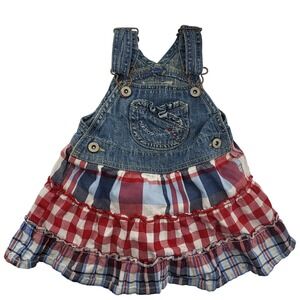 OshKosh Bgosh Girls 12M Denim Plaid Tiered Ruffle Jumper Dress 904-0262 Blue Red